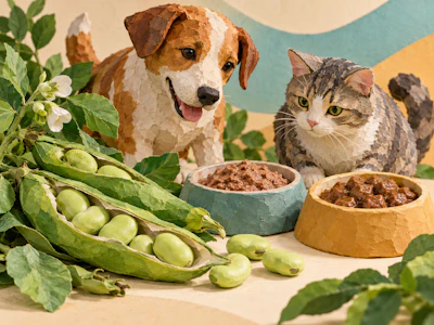 Brown and white dog and tabby cat with food bowls surrounded by fresh peas and vegetables