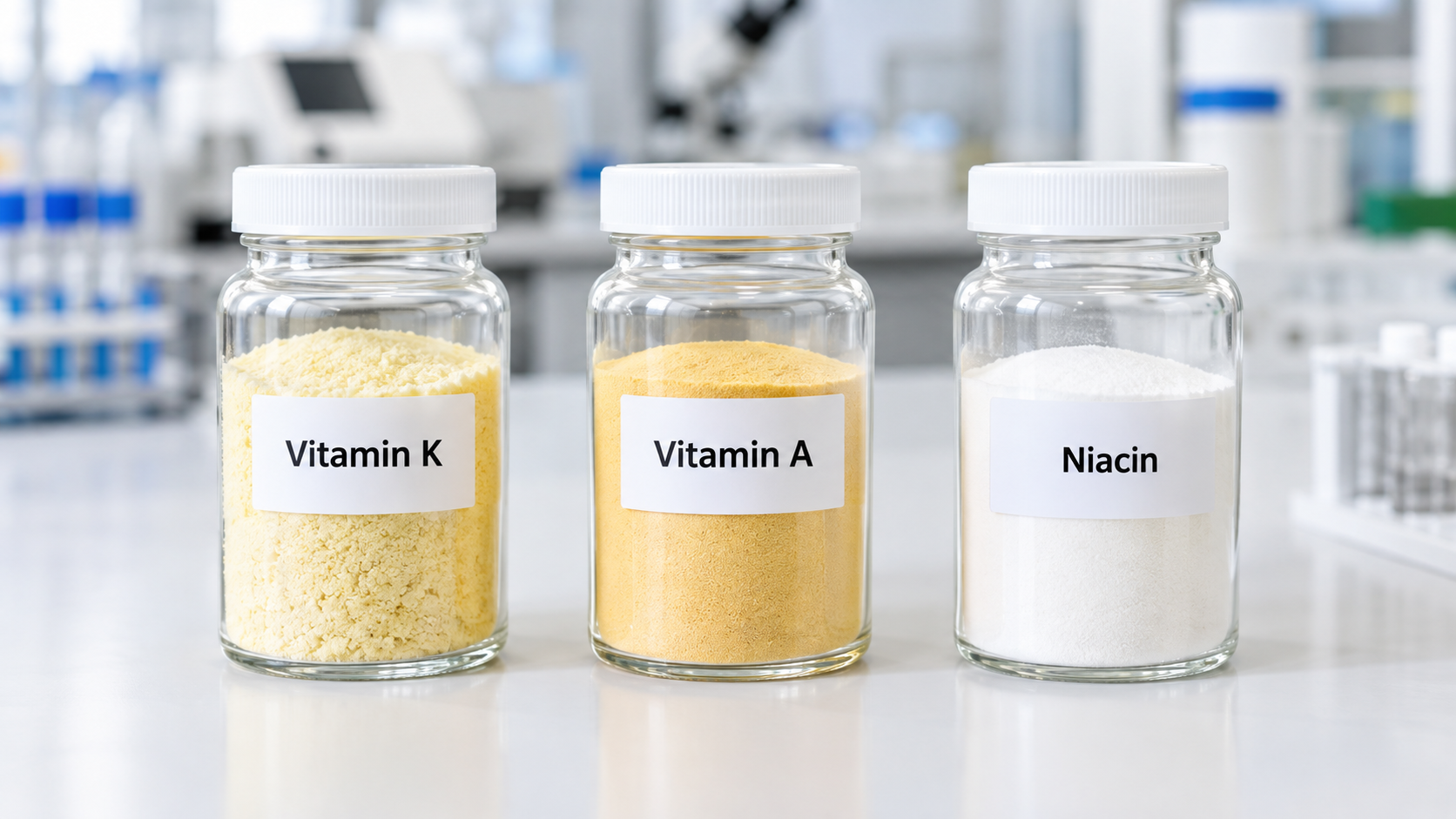 Three glass jars labeled Vitamin K, Vitamin A, and Niacin containing supplement powders in a laboratory setting