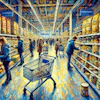 Dall·e 2024 07 31 14 17 42 An Impressionist Painting Of A Modern French Supermarket's Pet Food Aisle, Featuring Busy Customers Selecting Bags And Cans Of Dog Food And Placing Th