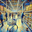 Dall·e 2024 07 31 14 17 42 An Impressionist Painting Of A Modern French Supermarket's Pet Food Aisle, Featuring Busy Customers Selecting Bags And Cans Of Dog Food And Placing Th