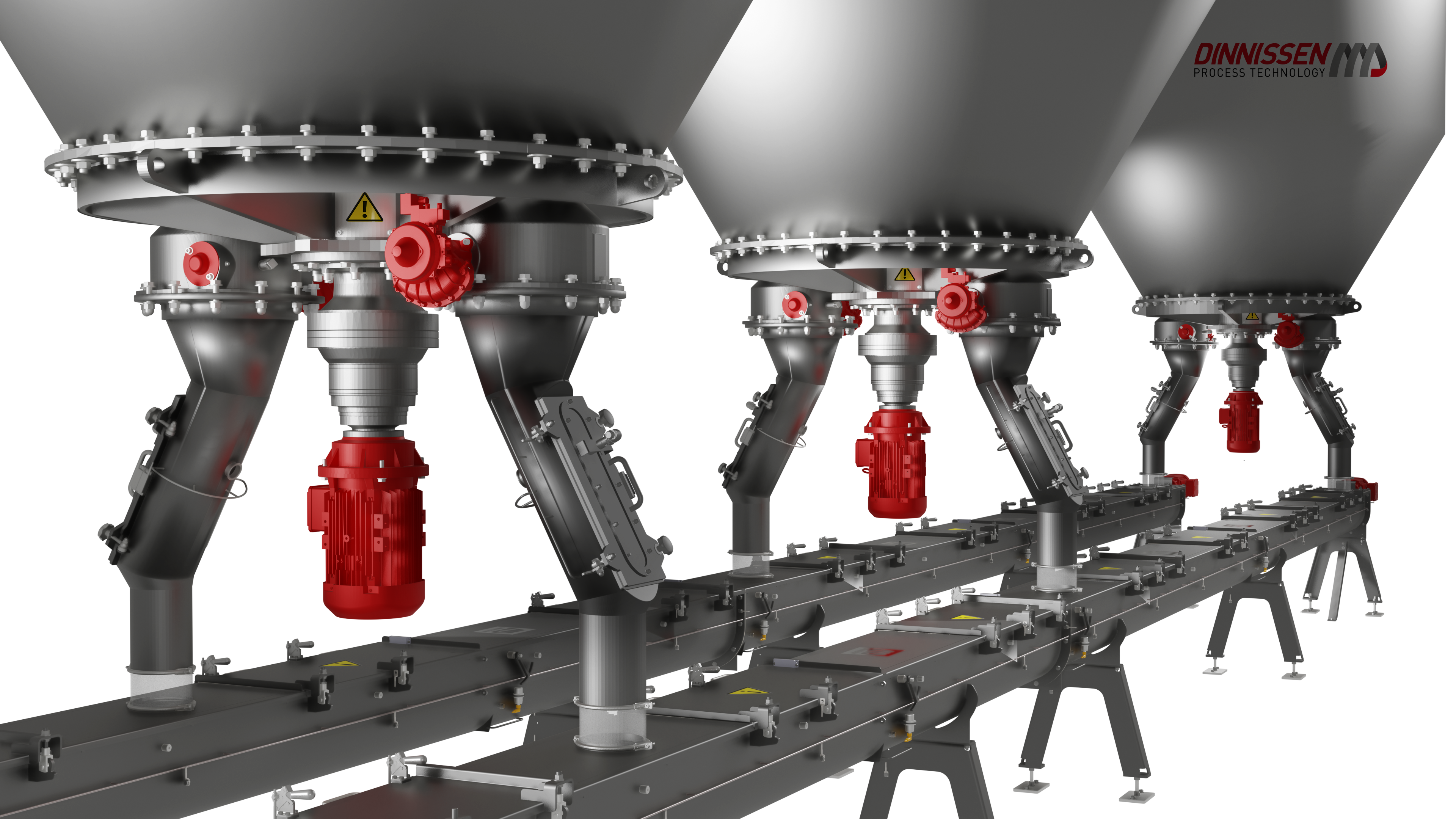Dinnissen industrial bulk handling system with multiple spherical storage vessels and red mechanical components on support frame