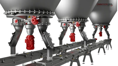 Dinnissen industrial bulk handling system with multiple spherical storage vessels and red mechanical components on support frame