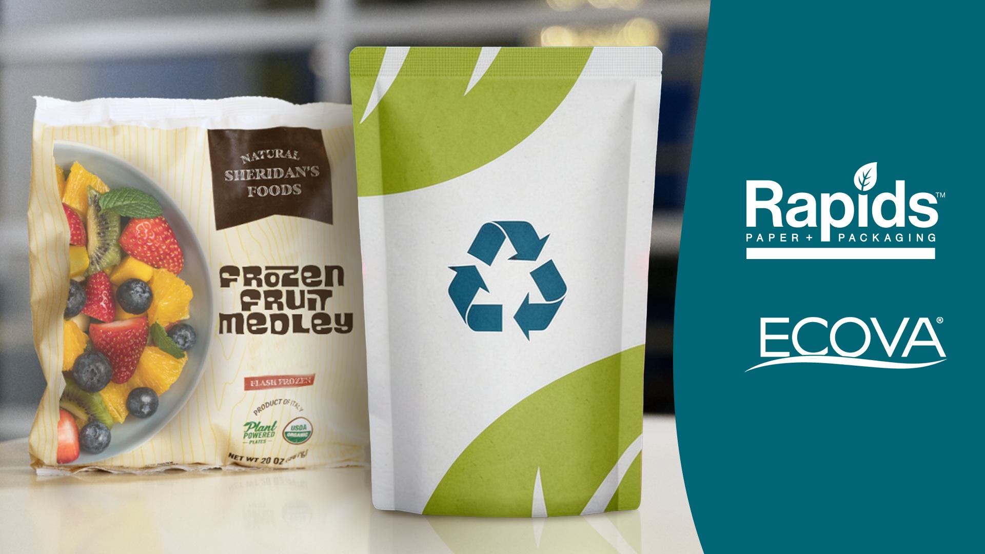 Frozen fruit medley and recycled packaging pouch with Rapids Paper + Packaging and ECOVA logos displayed