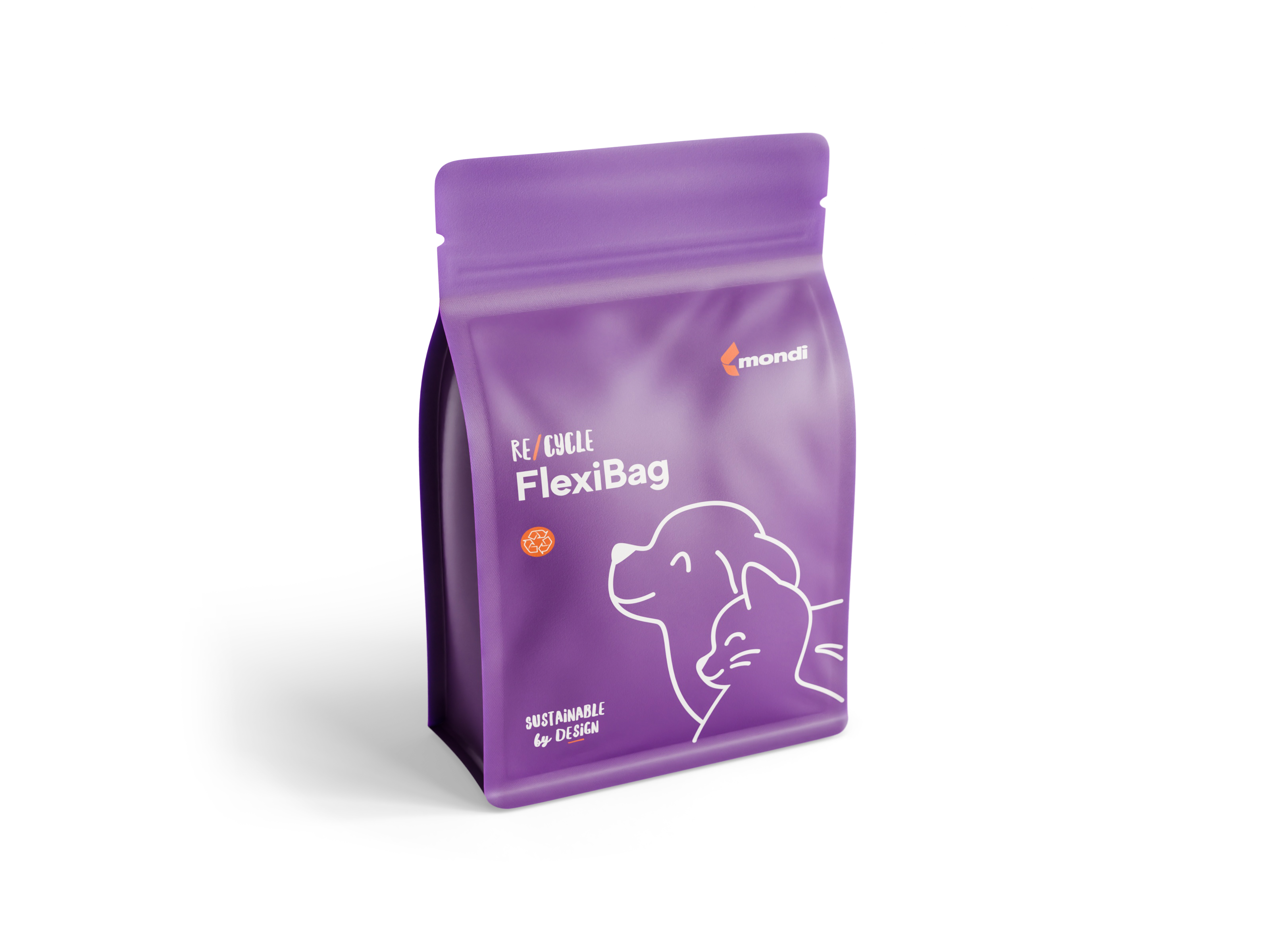 Purple Mondi ReCircle FlexiBag sustainable packaging with line-drawn animal illustration