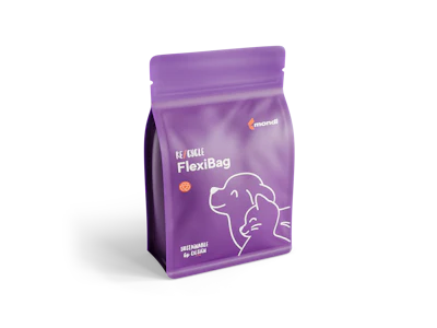 Purple Mondi ReCircle FlexiBag sustainable packaging with line-drawn animal illustration