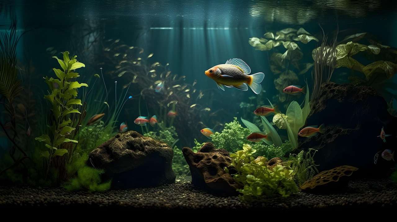 Underwater aquarium scene with large carp fish swimming among aquatic plants, rocks, and small schooling fish in blue-green water.