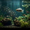 Underwater aquarium scene with large carp fish swimming among aquatic plants, rocks, and small schooling fish in blue-green water.