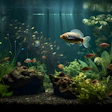 Underwater aquarium scene with large carp fish swimming among aquatic plants, rocks, and small schooling fish in blue-green water.