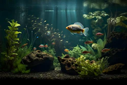 Underwater aquarium scene with large carp fish swimming among aquatic plants, rocks, and small schooling fish in blue-green water.