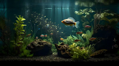 Underwater aquarium scene with large carp fish swimming among aquatic plants, rocks, and small schooling fish in blue-green water.