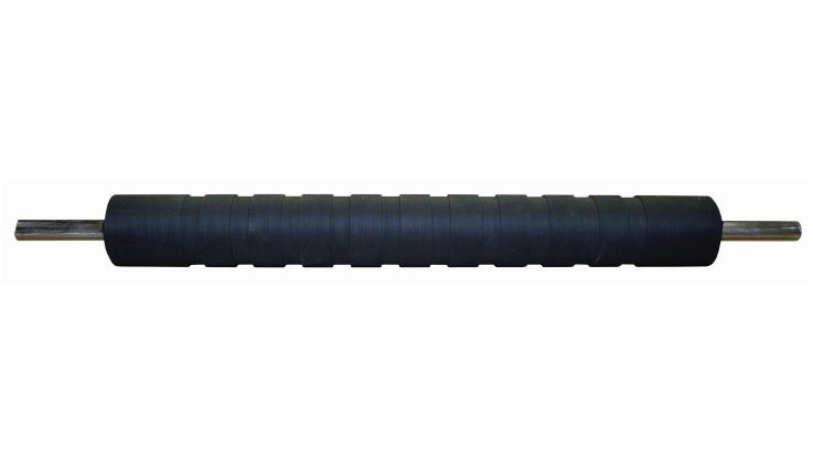 Black ribbed roller with metal end caps on white background