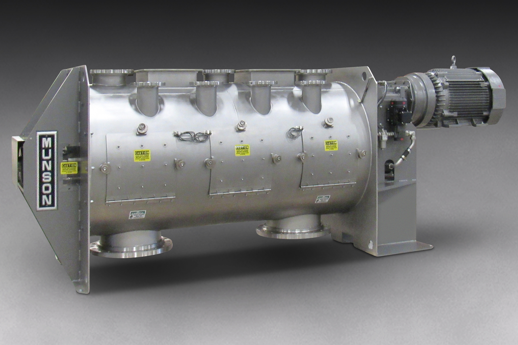 Industrial horizontal ribbon mixer with electric motor drive and safety features