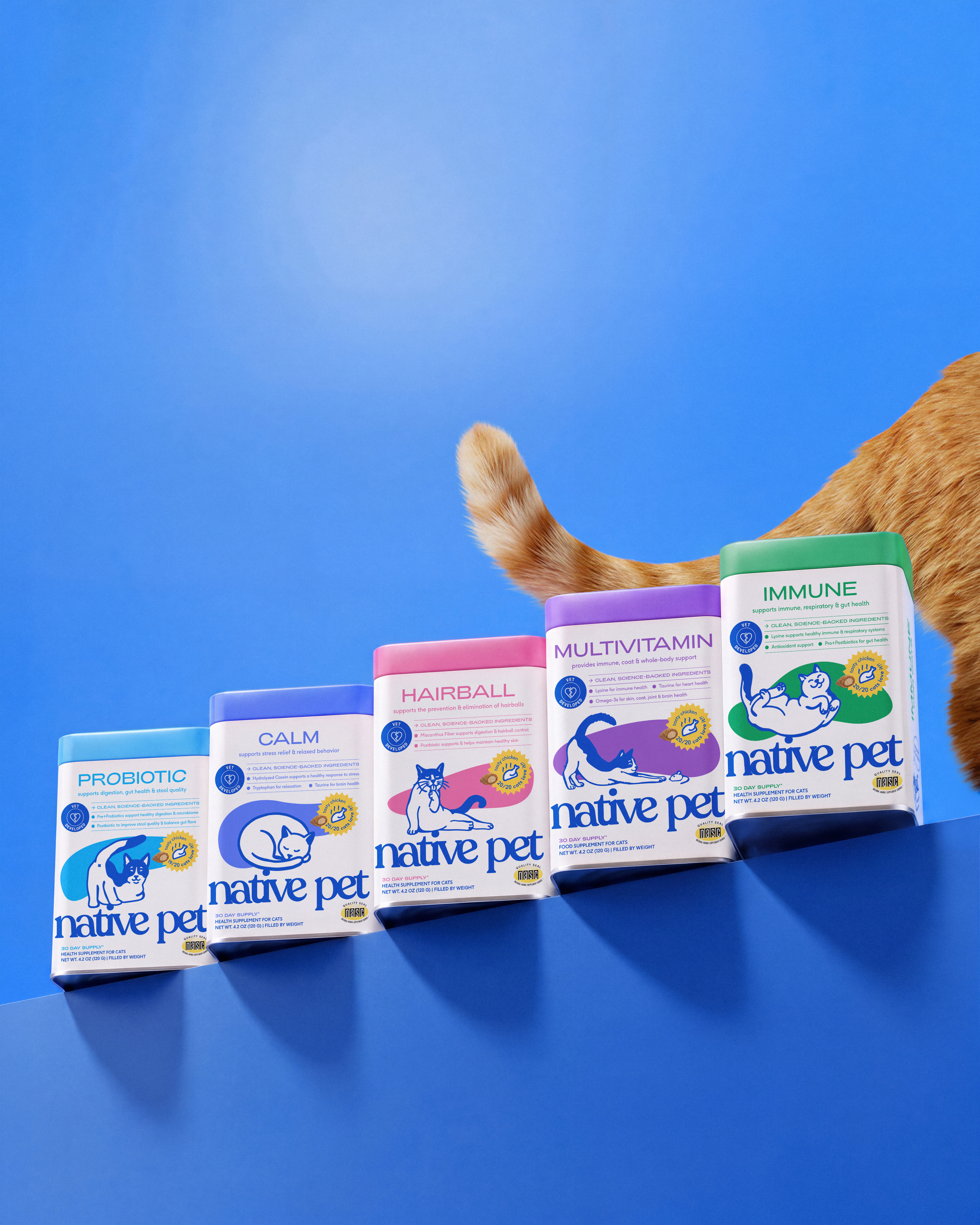 Native Pet cat supplement product line including Probiotic, Calm, Hairball, Multivitamin, and Immune formulas displayed with an orange cat