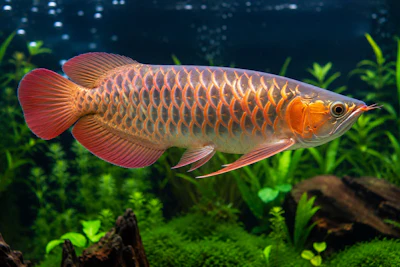 Golden red Arowana fish swimming in aquarium with green aquatic plants and dark blue background
