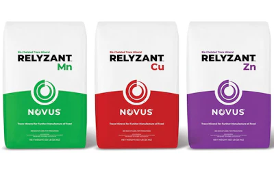 Three RELYZANT trace mineral supplement bags in green, red, and purple featuring manganese, copper, and zinc formulations by NOVUS