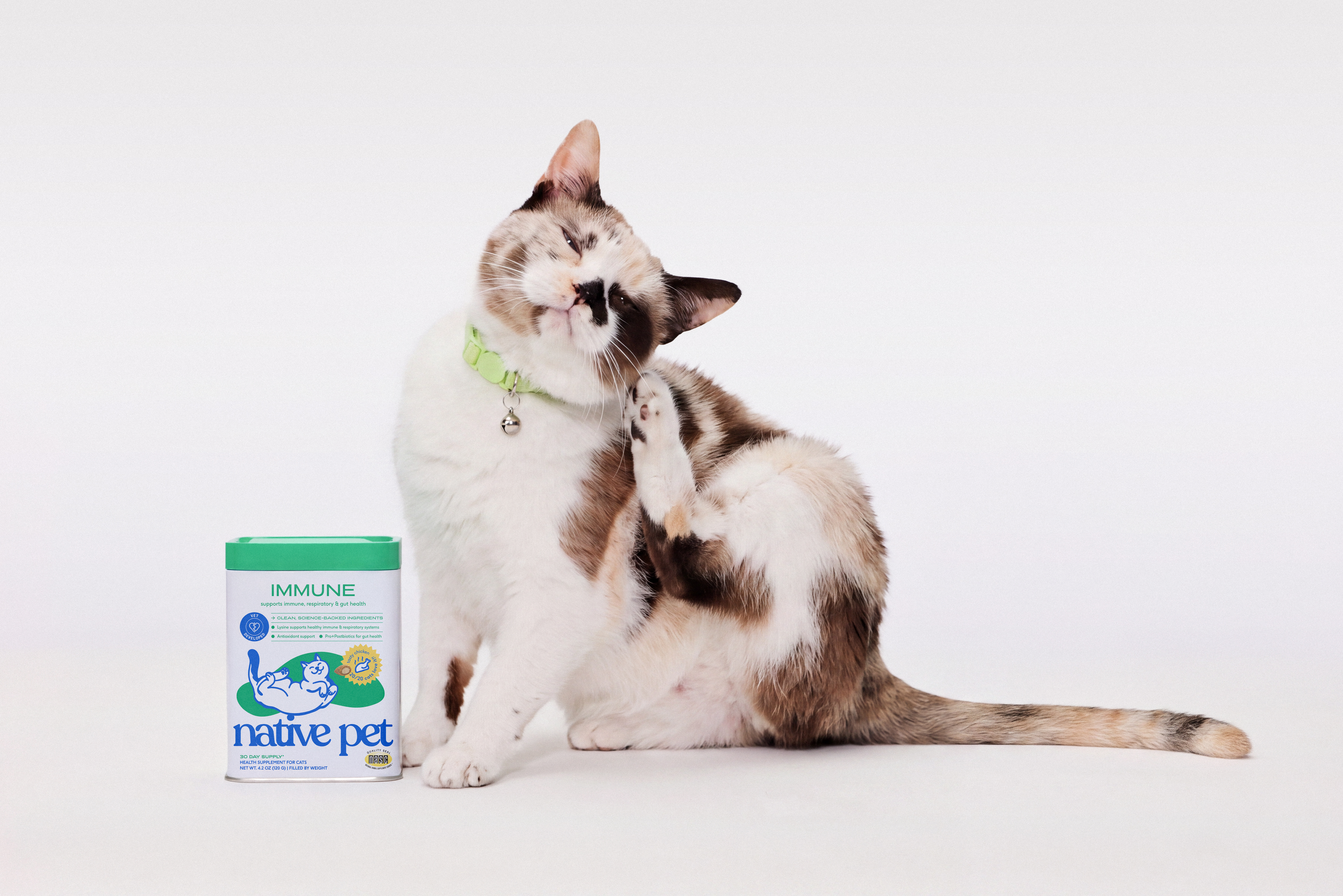Brown and white cat wearing green collar scratching face next to Native Pet Immune supplement container