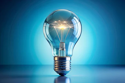 Glowing incandescent light bulb with illuminated filament against blue gradient background