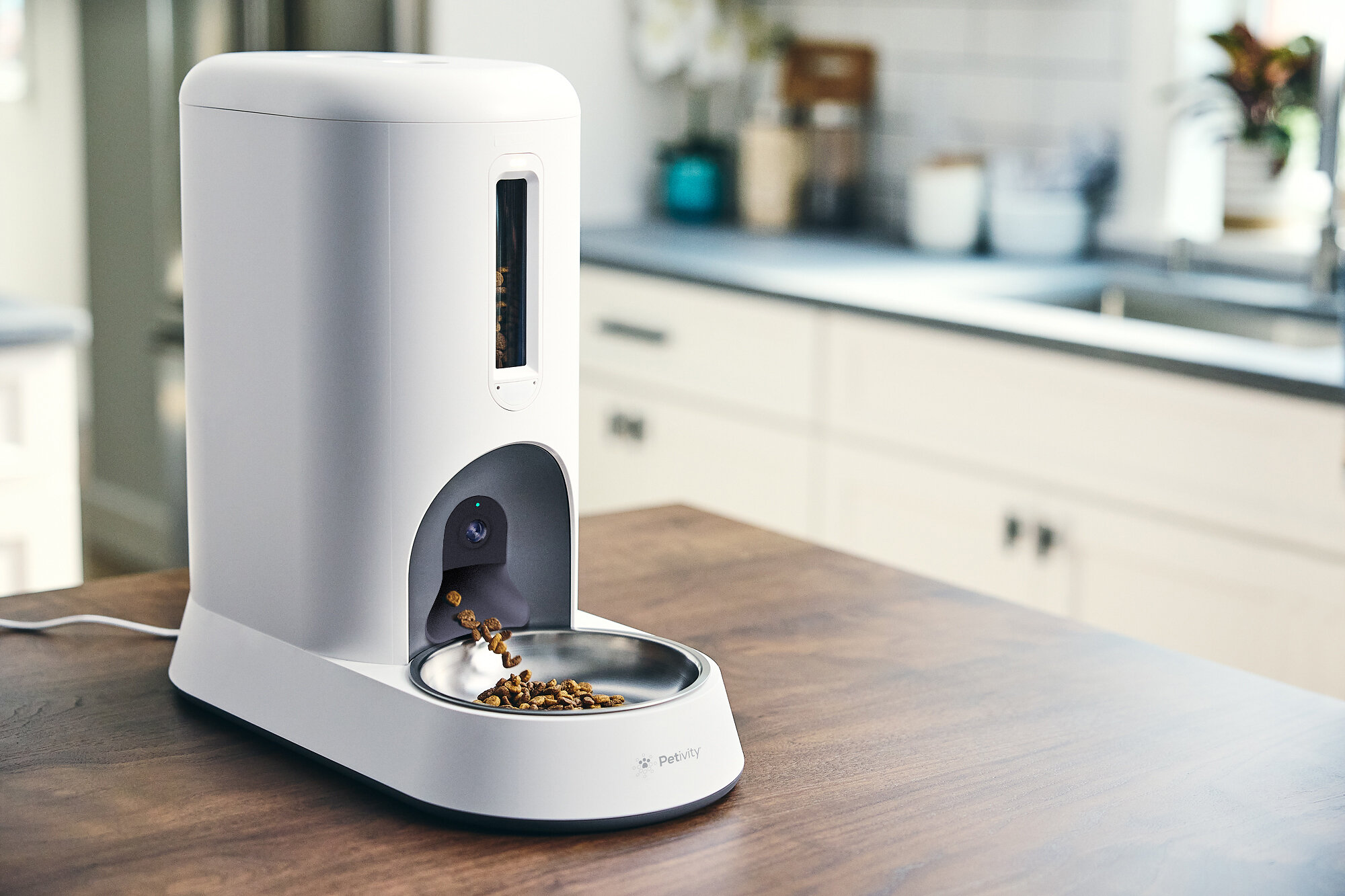 The Smart Feeder for Cats uses sensor technology and a built-in camera to identify up to five individual cats through facial recognition.