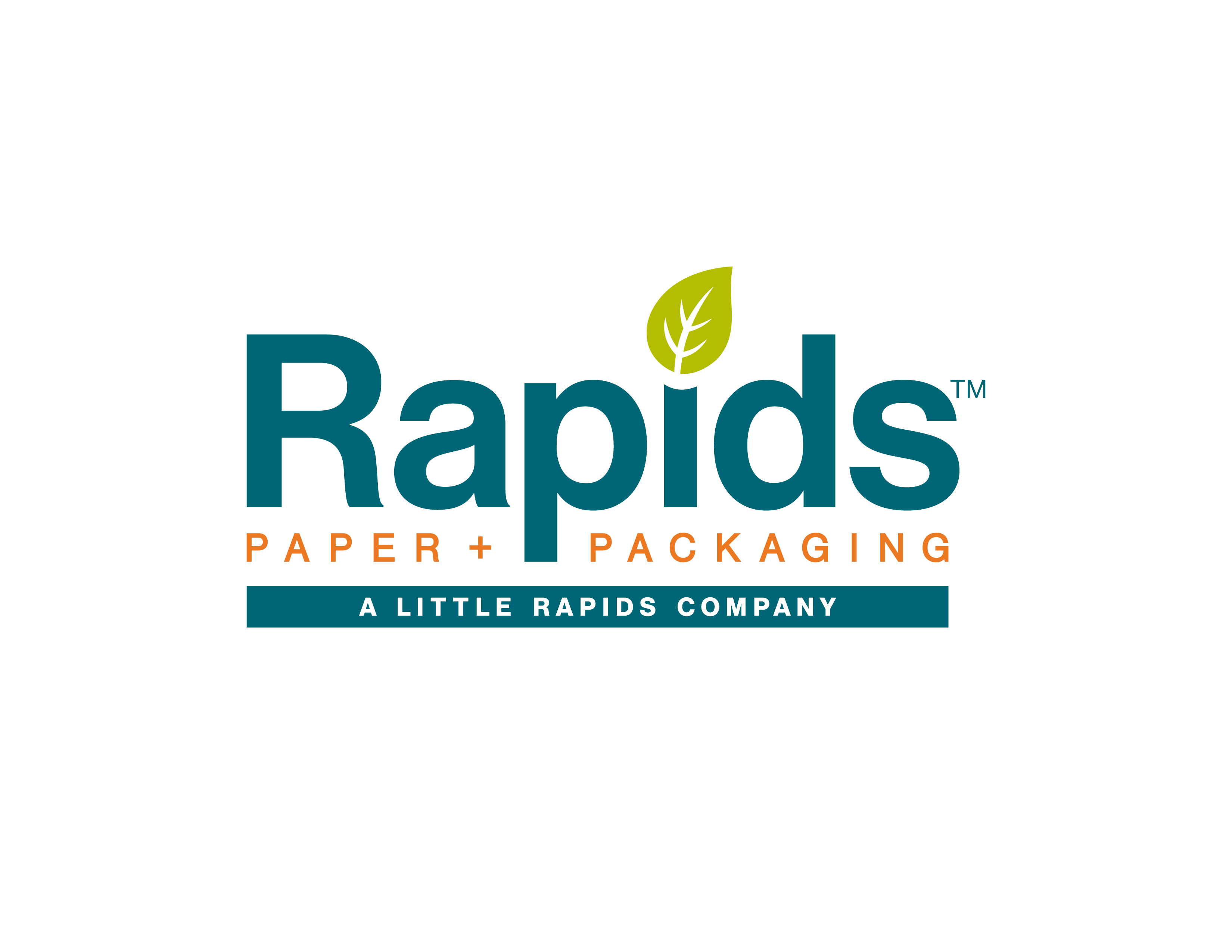 Rapids Paper + Packaging logo featuring teal text with lime green leaf icon and orange tagline for a Little Rapids Company