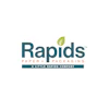 Rapids Paper + Packaging logo featuring teal text with lime green leaf icon and orange tagline for a Little Rapids Company