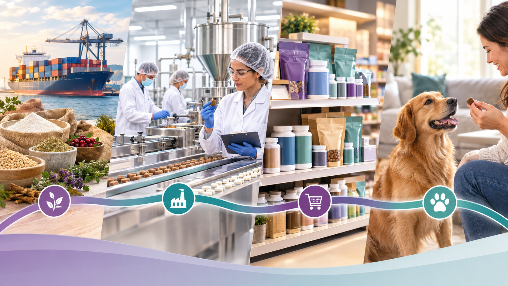 Diverse business sectors including agriculture, manufacturing, retail, and pet care connected by industry icons and flowing ribbon design.