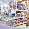 Diverse business sectors including agriculture, manufacturing, retail, and pet care connected by industry icons and flowing ribbon design.