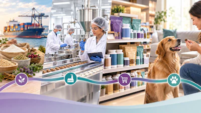Diverse business sectors including agriculture, manufacturing, retail, and pet care connected by industry icons and flowing ribbon design.