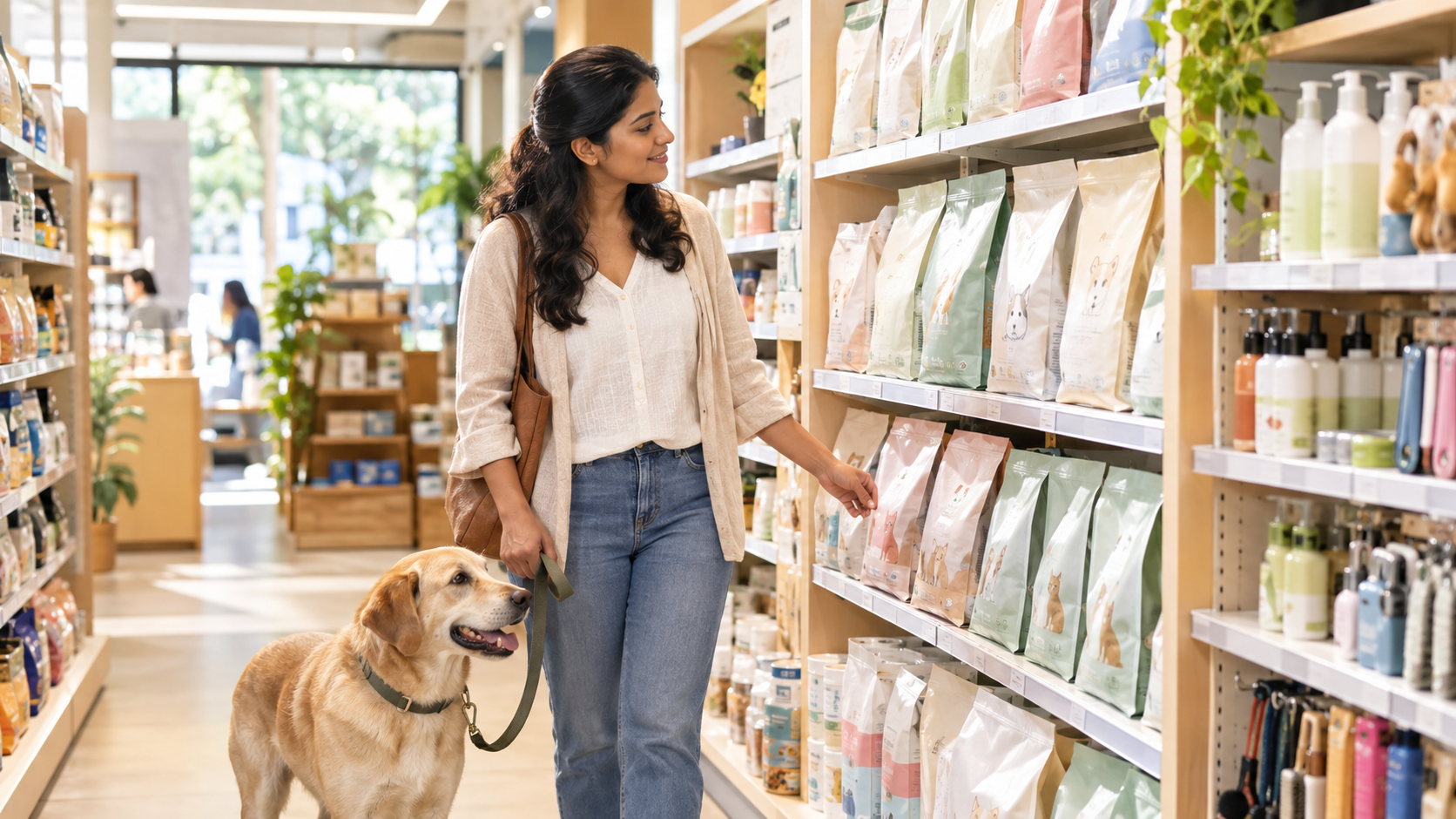 Woman shopping with golden retriever in natural products store aisle