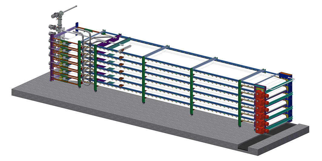 3D rendering of a multi-panel livestock handling chute system with blue framework and colored gate sections
