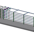 3D rendering of a multi-panel livestock handling chute system with blue framework and colored gate sections