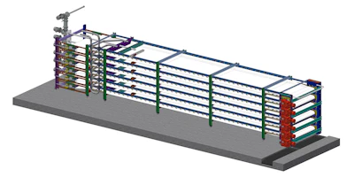 3D rendering of a multi-panel livestock handling chute system with blue framework and colored gate sections