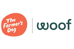 The Farmer's Dog and Woof partnership logos with coral and teal branding