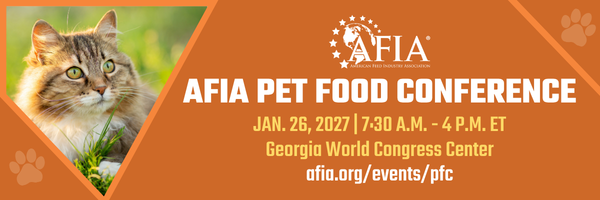 AFIA Pet Food Conference promotional banner featuring a cat, scheduled for January 26, 2027 at Georgia World Congress Center