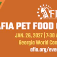 AFIA Pet Food Conference promotional banner featuring a cat, scheduled for January 26, 2027 at Georgia World Congress Center