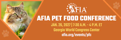 AFIA Pet Food Conference promotional banner featuring a cat, scheduled for January 26, 2027 at Georgia World Congress Center