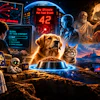 Surreal sci-fi collage featuring a glowing dog and cat with pet food bowl, surrounded by futuristic technology, religious figures, and cosmic imagery