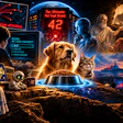 Surreal sci-fi collage featuring a glowing dog and cat with pet food bowl, surrounded by futuristic technology, religious figures, and cosmic imagery