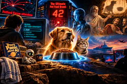 Surreal sci-fi collage featuring a glowing dog and cat with pet food bowl, surrounded by futuristic technology, religious figures, and cosmic imagery