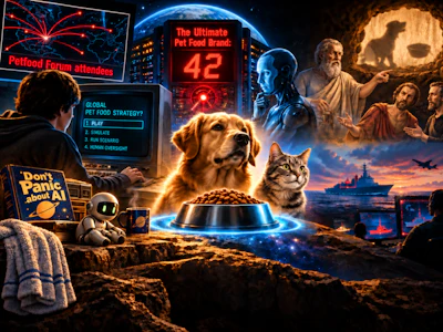 Surreal sci-fi collage featuring a glowing dog and cat with pet food bowl, surrounded by futuristic technology, religious figures, and cosmic imagery