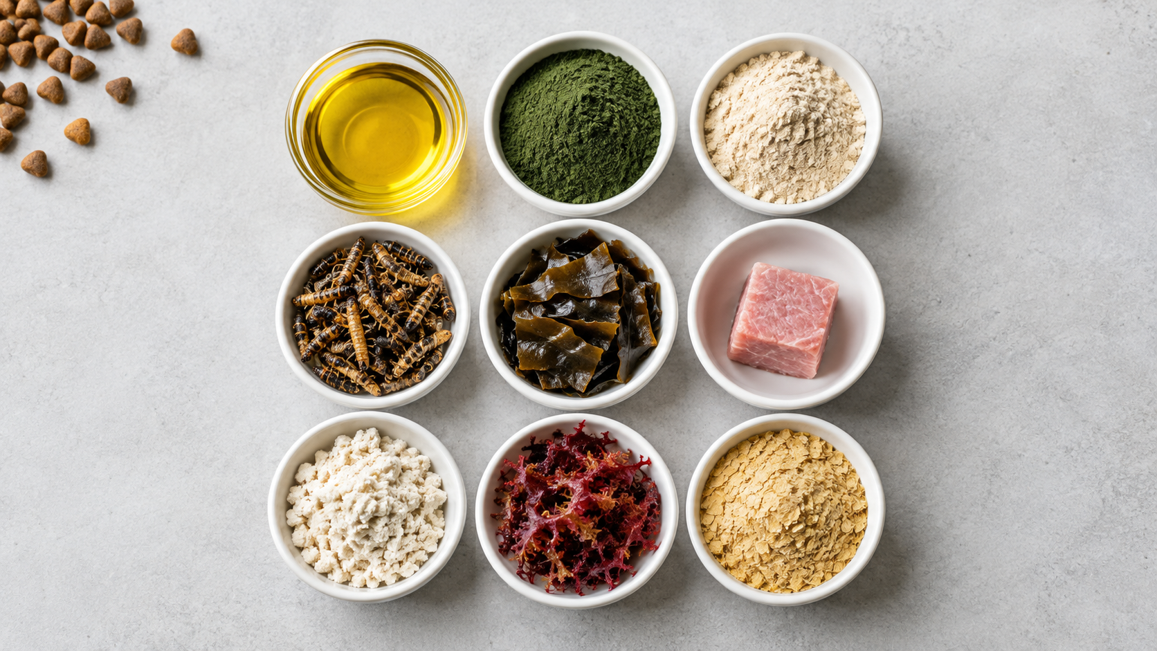 Overhead view of cooking ingredients in bowls including oil, green powder, flour, nuts, capers, pink salt, white cheese, beets, and oats on gray surface