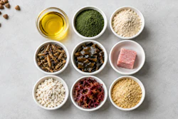 Overhead view of cooking ingredients in bowls including oil, green powder, flour, nuts, capers, pink salt, white cheese, beets, and oats on gray surface