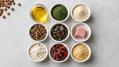 Overhead view of cooking ingredients in bowls including oil, green powder, flour, nuts, capers, pink salt, white cheese, beets, and oats on gray surface
