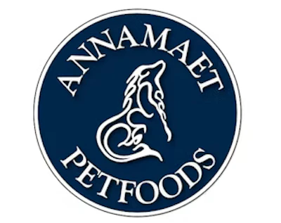 Annamaet Petfoods circular logo featuring white dog silhouette on navy blue background