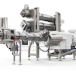 Industrial twin-screw extruder processing machine with motors and control systems on white background