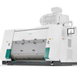 Industrial flour mill machine with white housing, teal accents, motor, and digital control panel