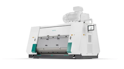 Industrial flour mill machine with white housing, teal accents, motor, and digital control panel