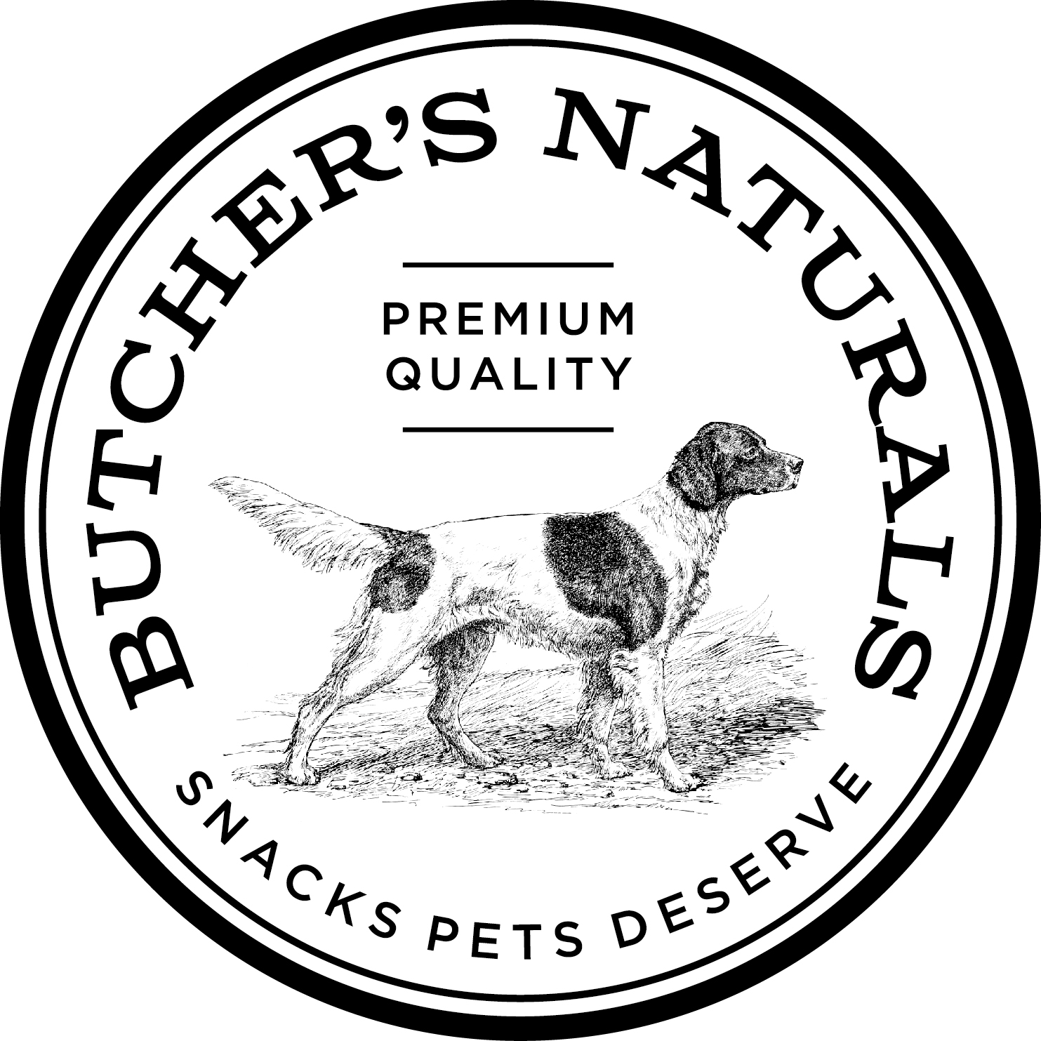 Butcher's Natural premium quality pet snacks logo featuring pointer dog illustration in circular seal design
