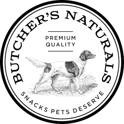 Butcher's Natural premium quality pet snacks logo featuring pointer dog illustration in circular seal design