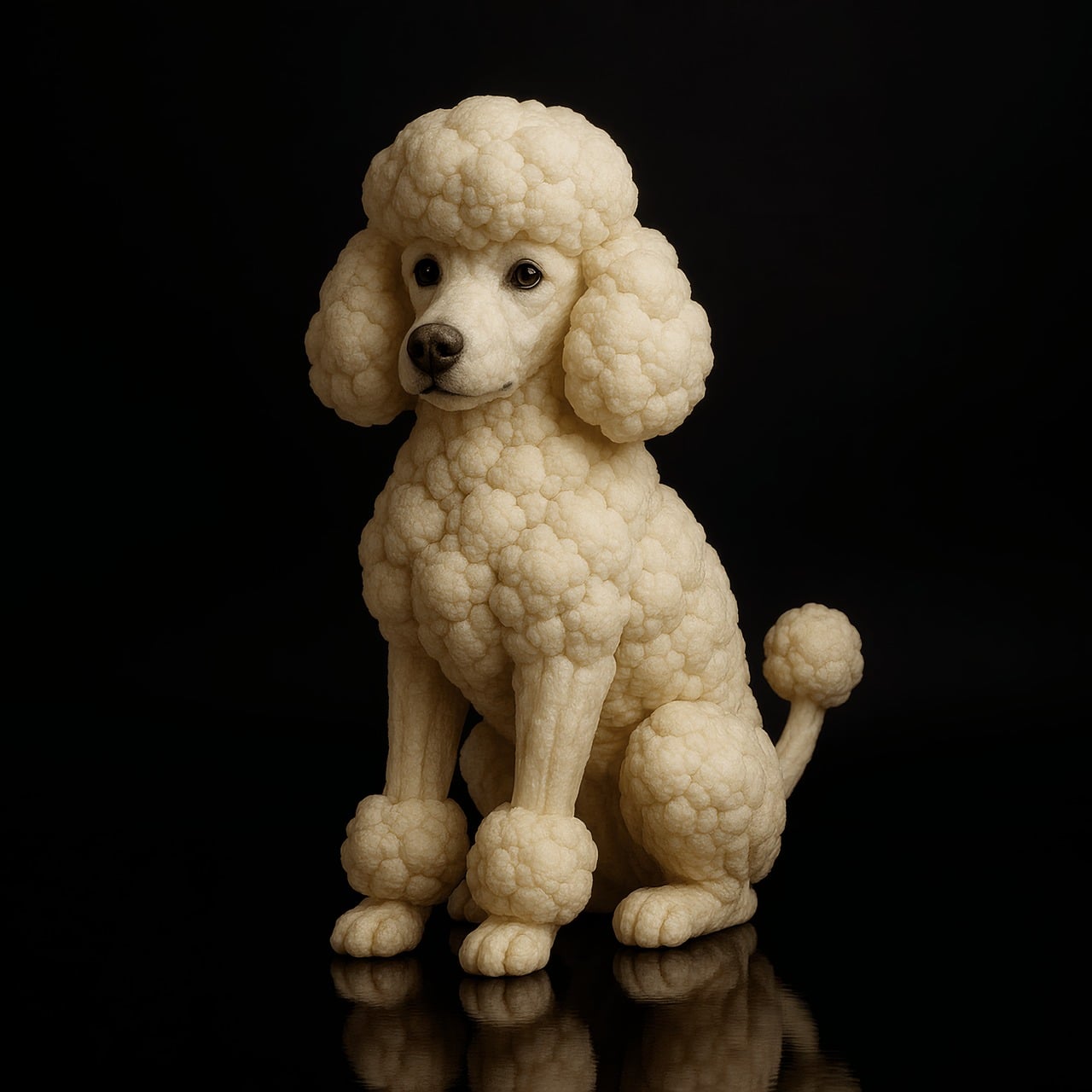 White Standard Poodle with fluffy coat and groomed appearance sitting against black background
