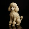 White Standard Poodle with fluffy coat and groomed appearance sitting against black background